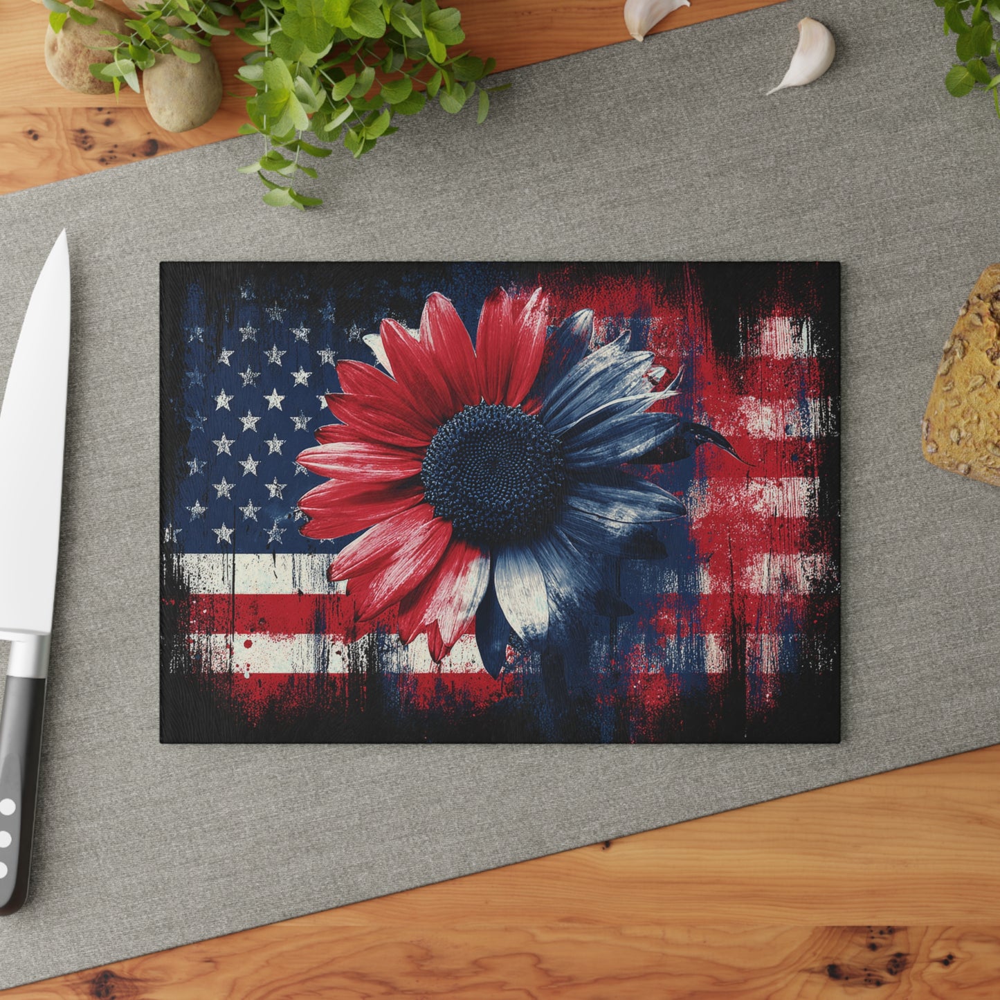 American Flag Sunflower Glass Cutting Board, Charcuterie Serving Tray 2 Sizes
