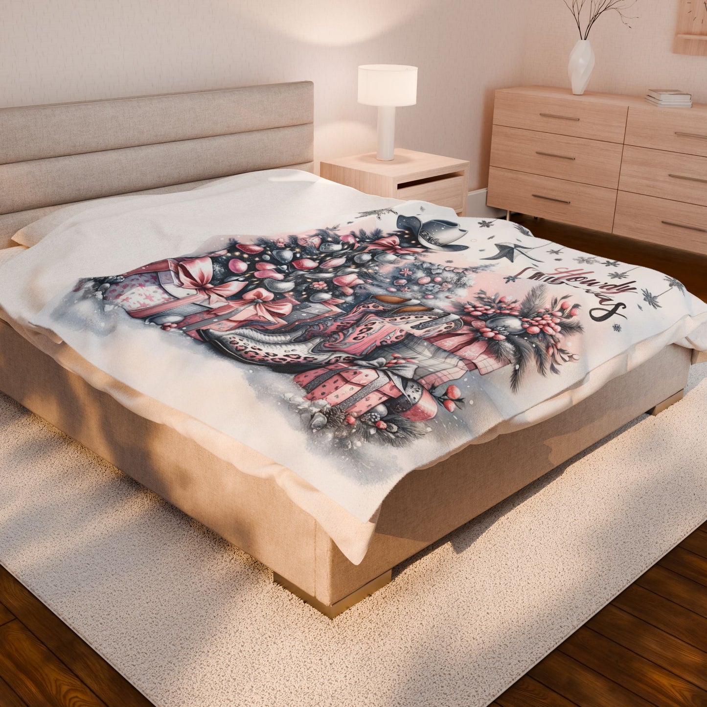 Country Western Howdy Christmas Pink Sparkle Velveteen Plush Blanket 3 Sizes