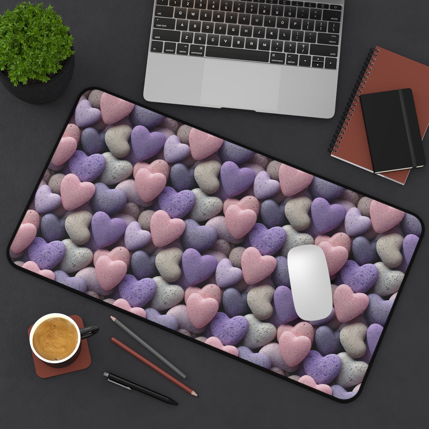 Hearts of Stone Deskmat , Rock Heart Desk Decoration, Floral Large Mousepad, Gaming Desk Mat, Desktop Accessory