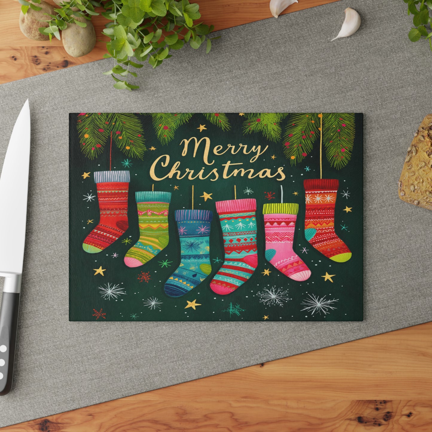 Merry Christmas Stockings Glass Cutting Board, Charcuterie Serving Tray 2 Sizes