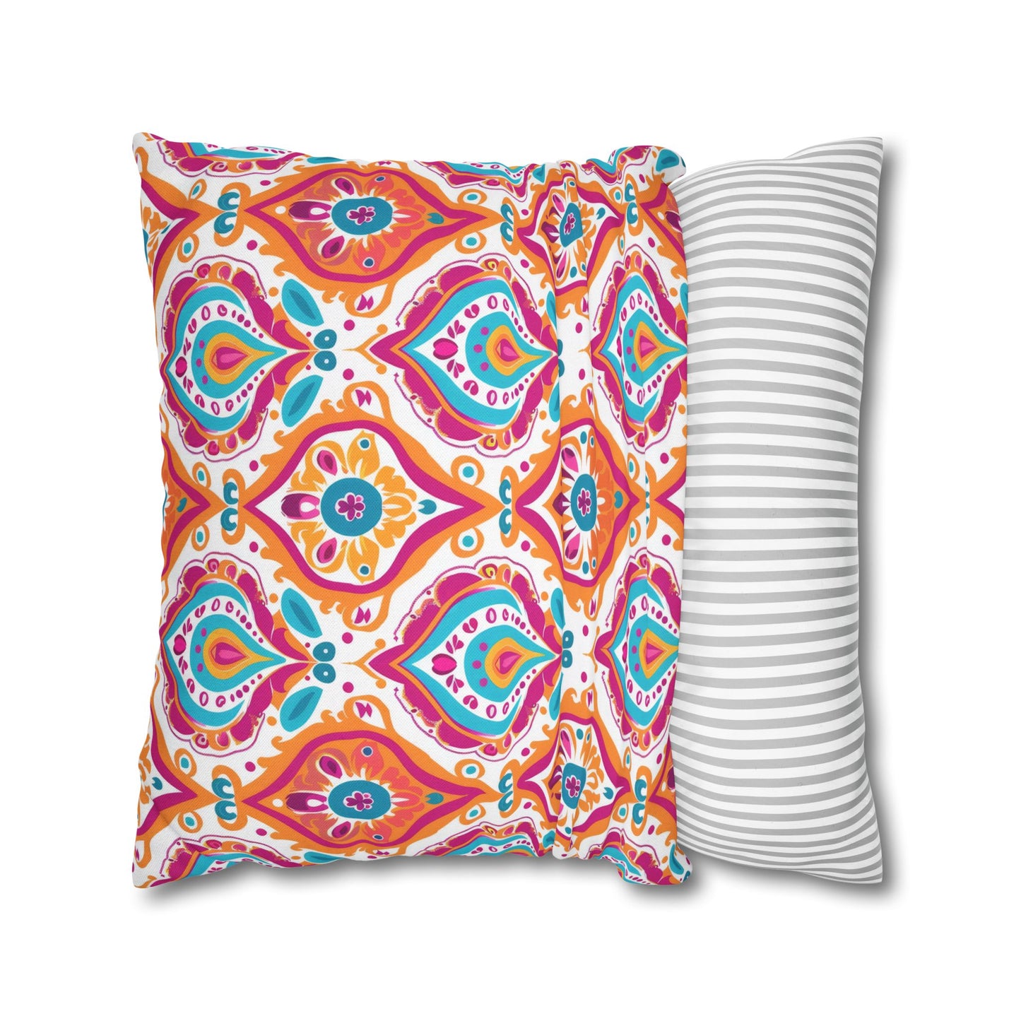 Bohemian Rapture of Floral Harmony in Lush Tangerine and Cerulean Polyester Square Pillowcase 4 Sizes