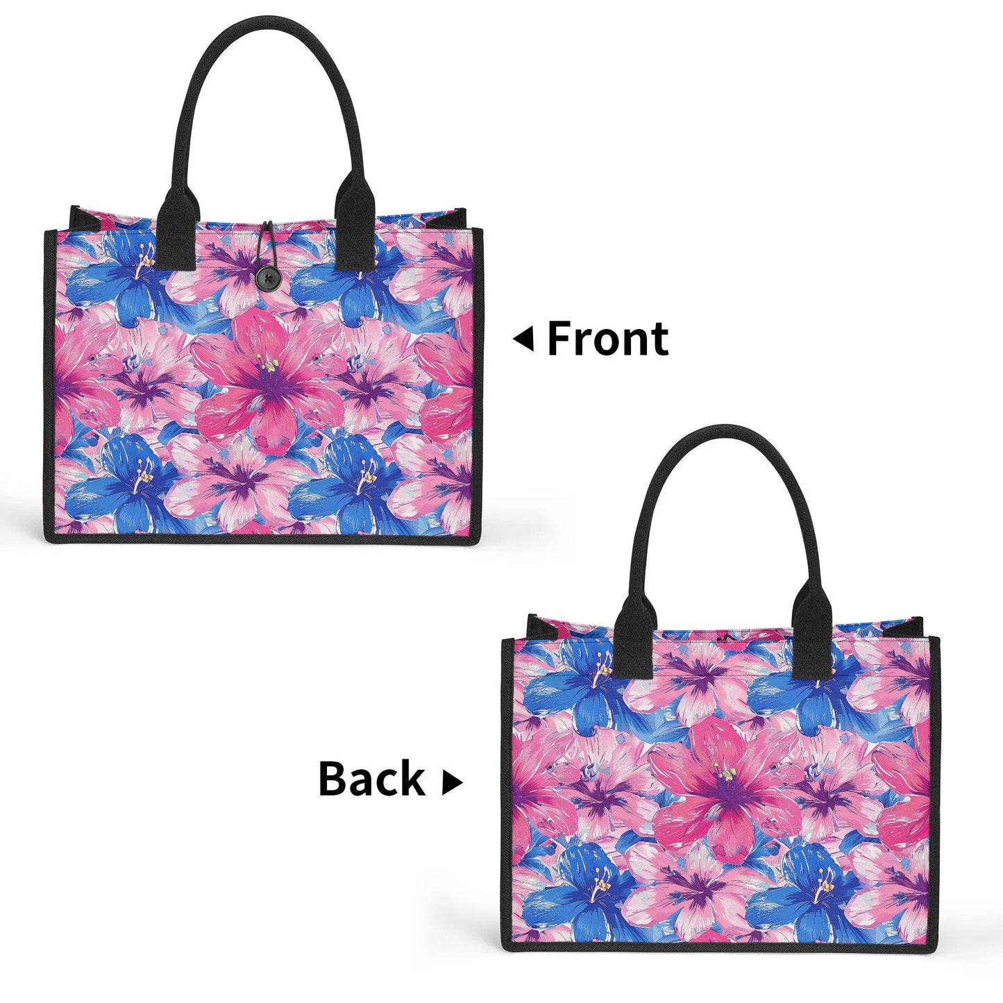 Blooming Bliss: Large Pink and Blue Blossoms in Full Bloom Structured Button Closure Canvas Tote Bag in 2 Sizes