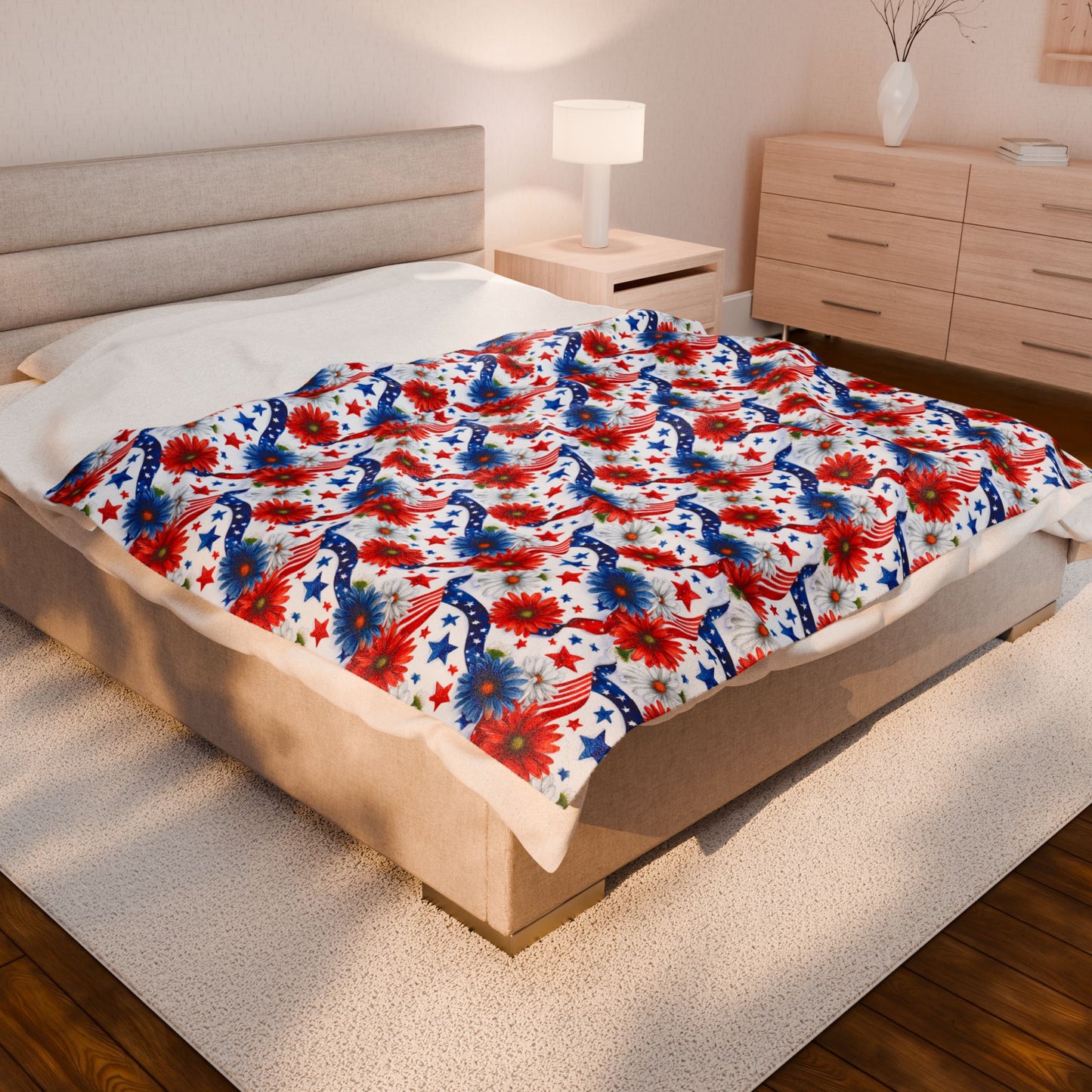 Patriotic Flowers Stars and Stripes Print Velveteen Plush Blanket 3 Sizes