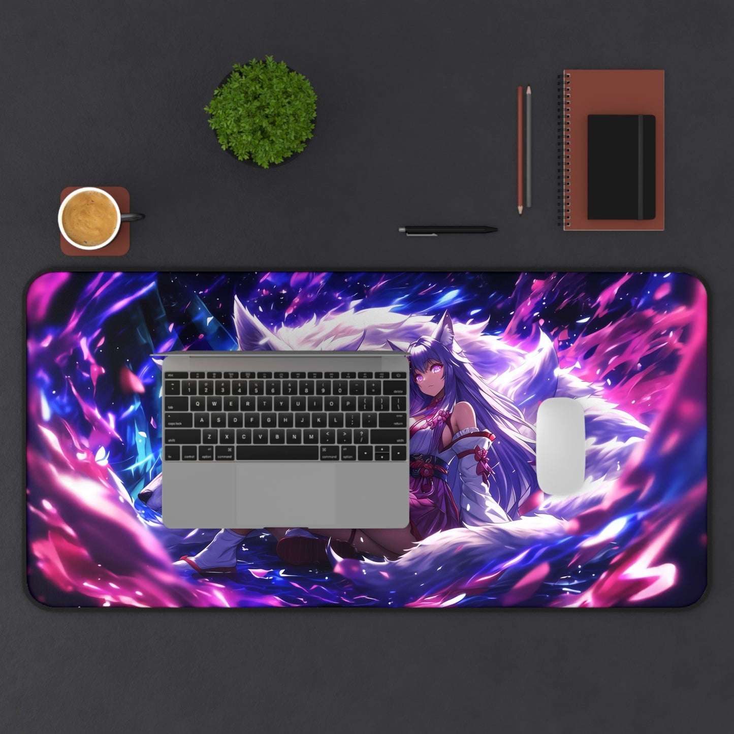 Anime Kitsune Fox Girl Mousepad, Spirit Wolf, Desk Mat, Extra Large Mousepad, Gaming Desk Mat, Desktop Accessory