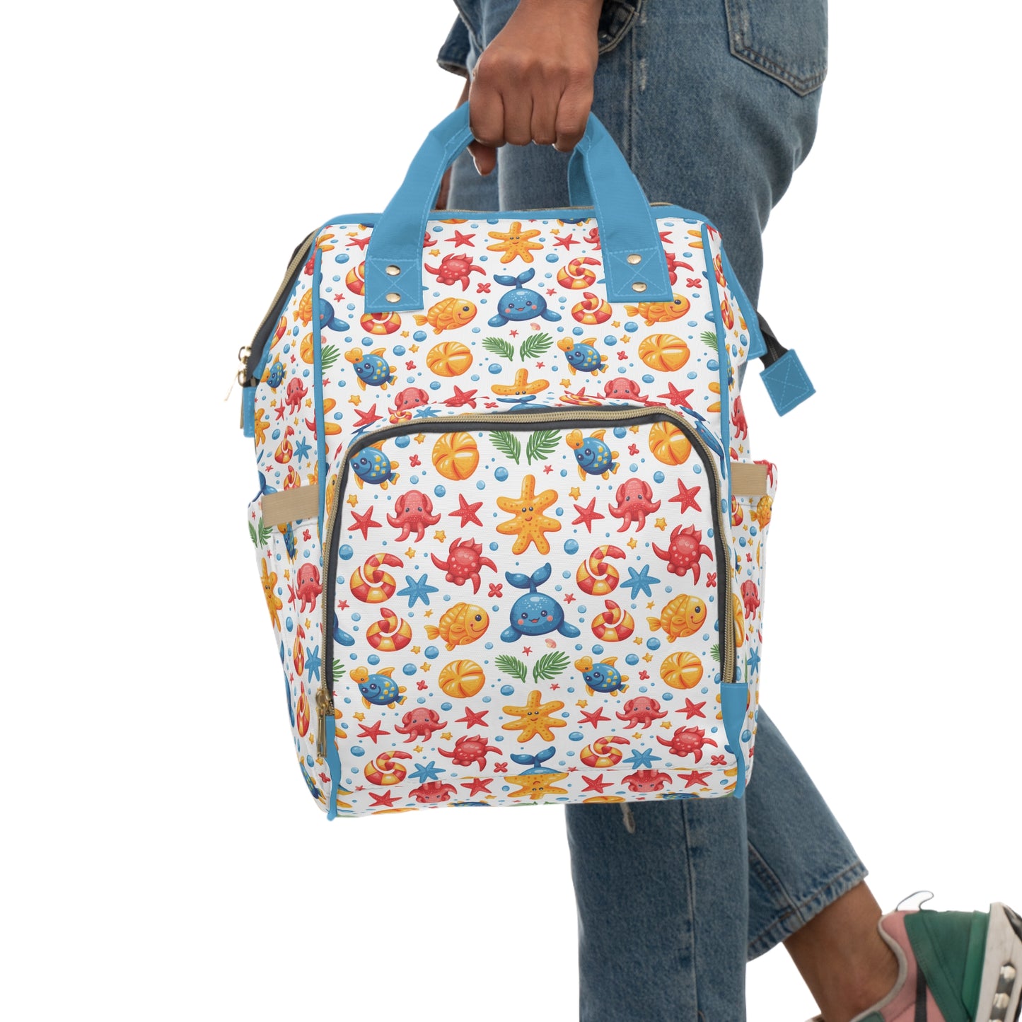 Oceans of Fun: Whimsical Cartoon Sea Creatures Extravaganza Multifunctional Diaper Backpack