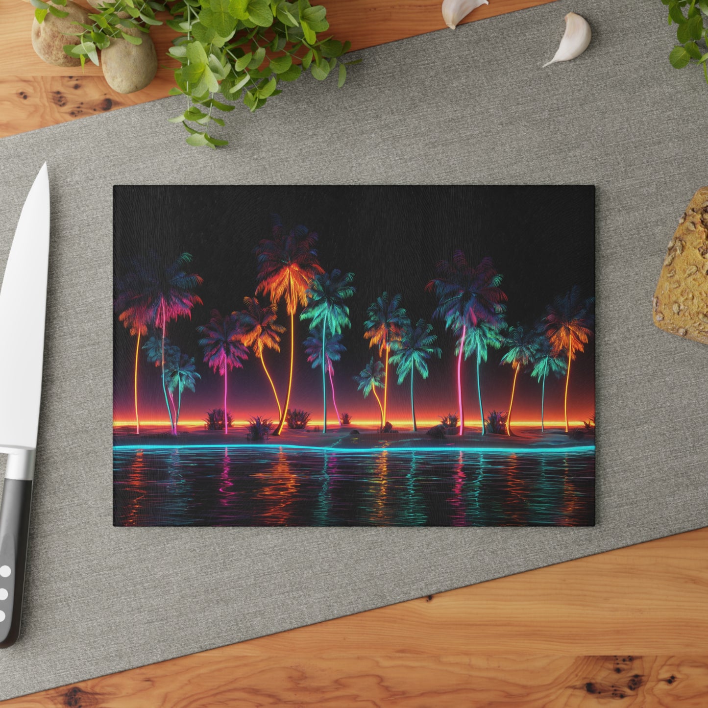 Beach Sunset Neon Palm Trees Tropical Ocean Glass Cutting Board, Charcuterie Serving Tray 2 Sizes