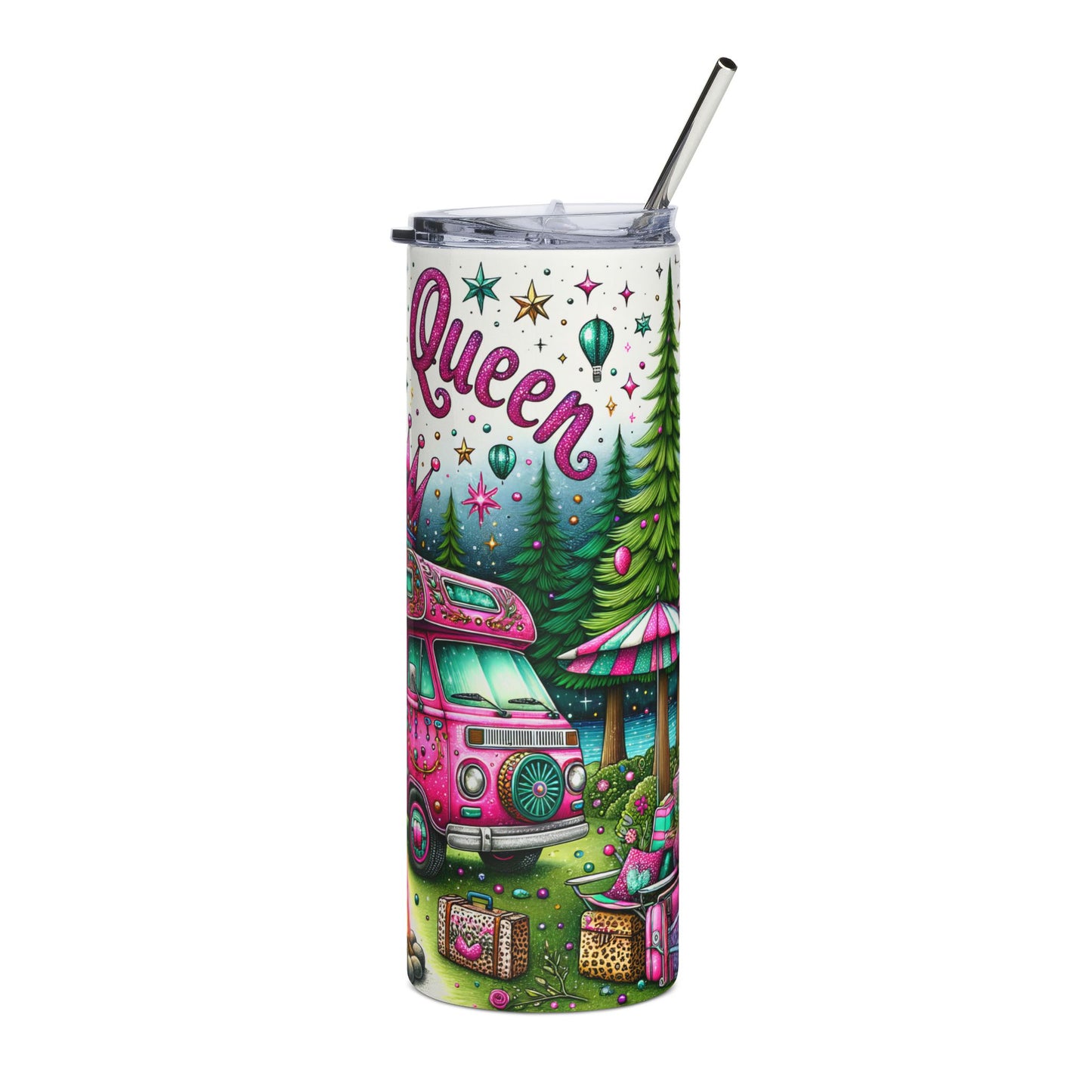Camping Queen Tumbler Wrap Outdoor Camping Lover, Camper Van Seamless Design 20 oz Skinny Tumbler