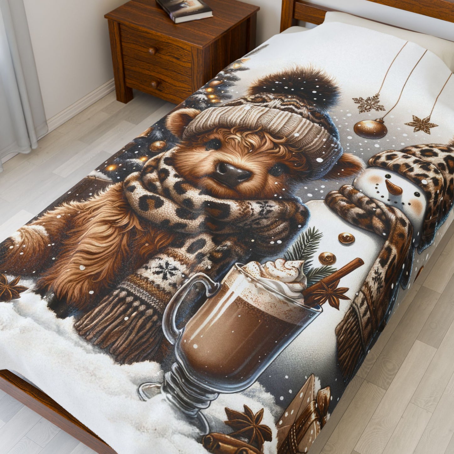 Cute Baby Highland Cow Christmas Trees Presents Leopard Velveteen Plush Blanket 3 Sizes