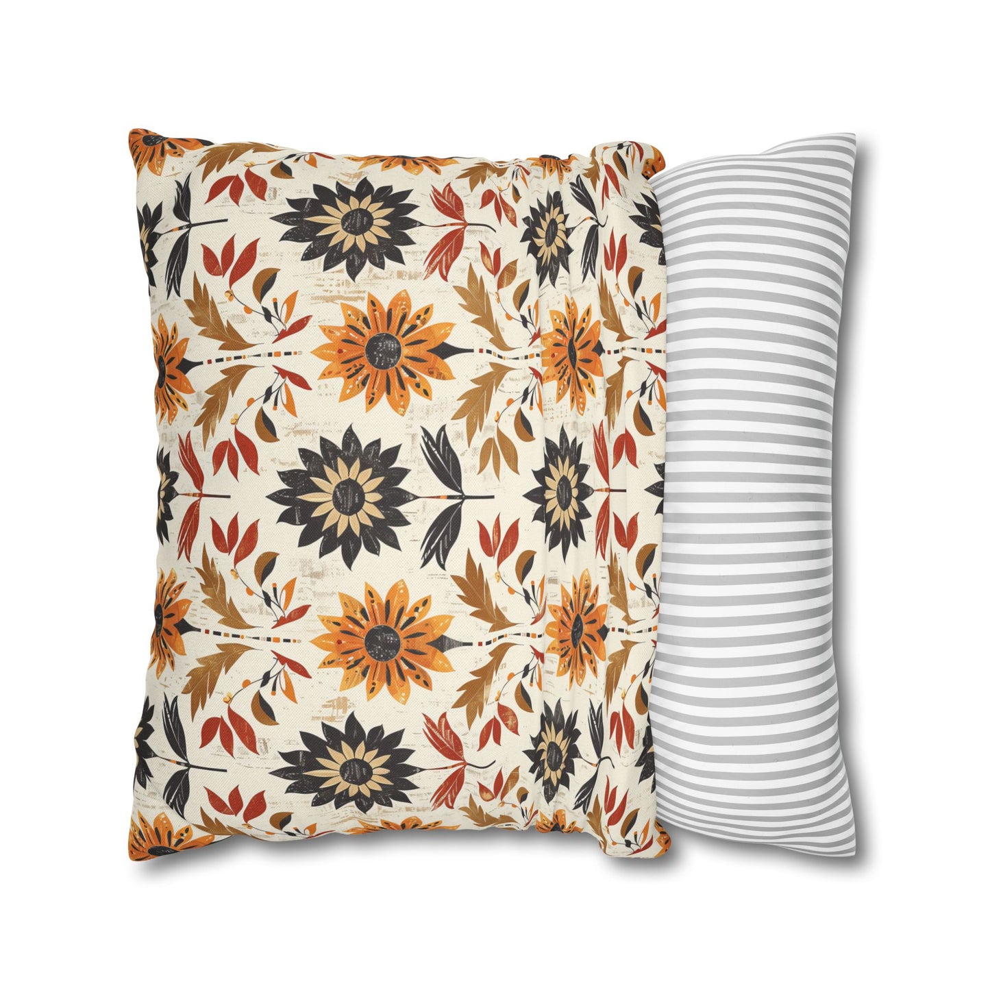Autumn-Inspired Bohemian Floral Pattern Burnt Orange, Deep Brown and Creamy Beige Polyester Square Pillowcase 4 Sizes
