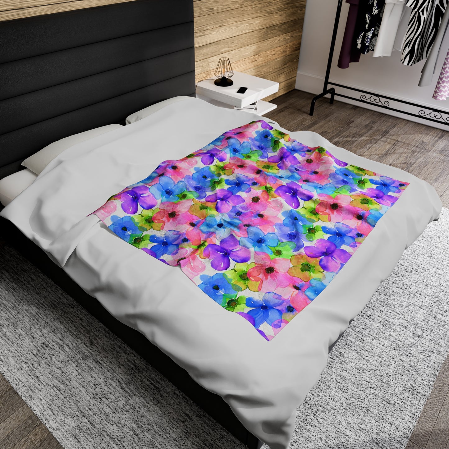 Prismatic Garden: Luminous Pink, Purple, and Blue Blossoms Velveteen Plush Blanket 3 Sizes