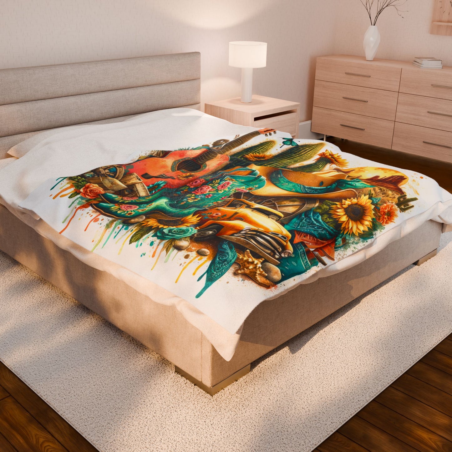 Western Music Rustic Southwestern Country Spring Print Velveteen Plush Blanket 3 Sizes