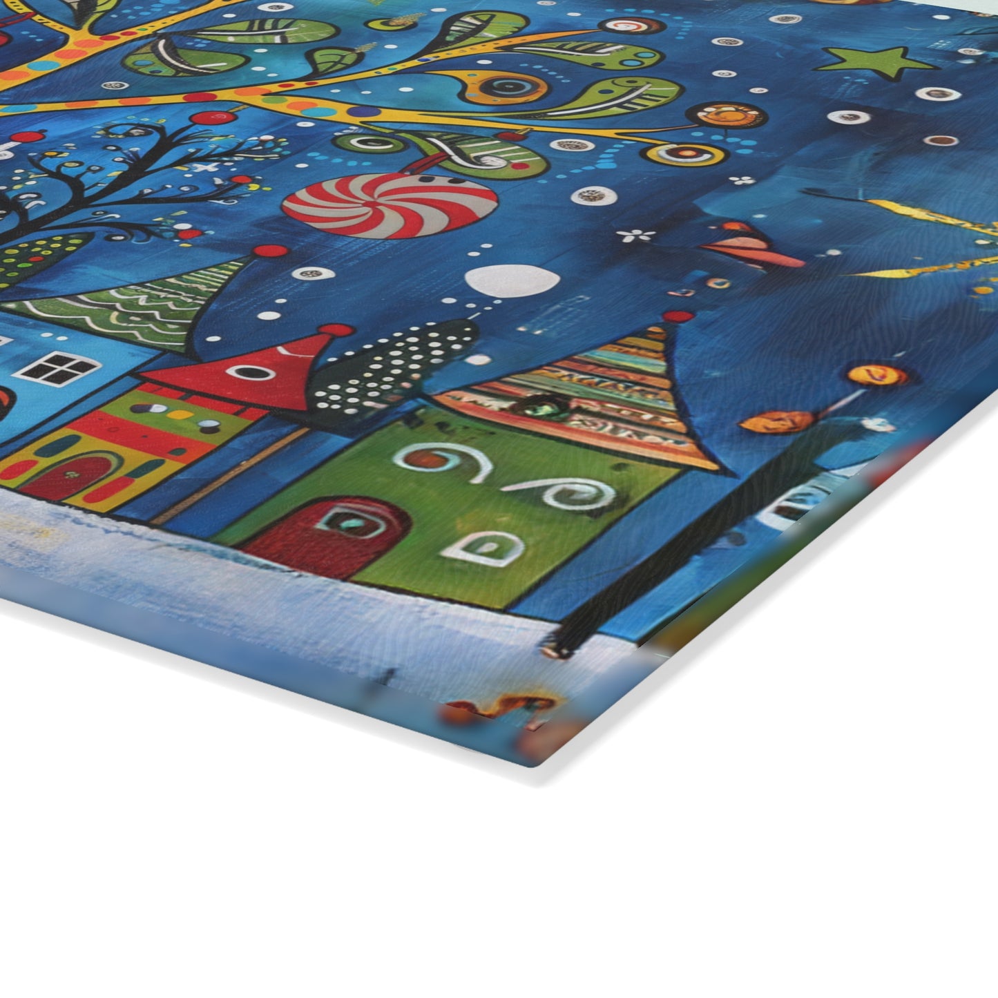 Winter Village Abstract Folk Art Christmas Scene Glass Cutting Board, Charcuterie Serving Tray 2 Sizes