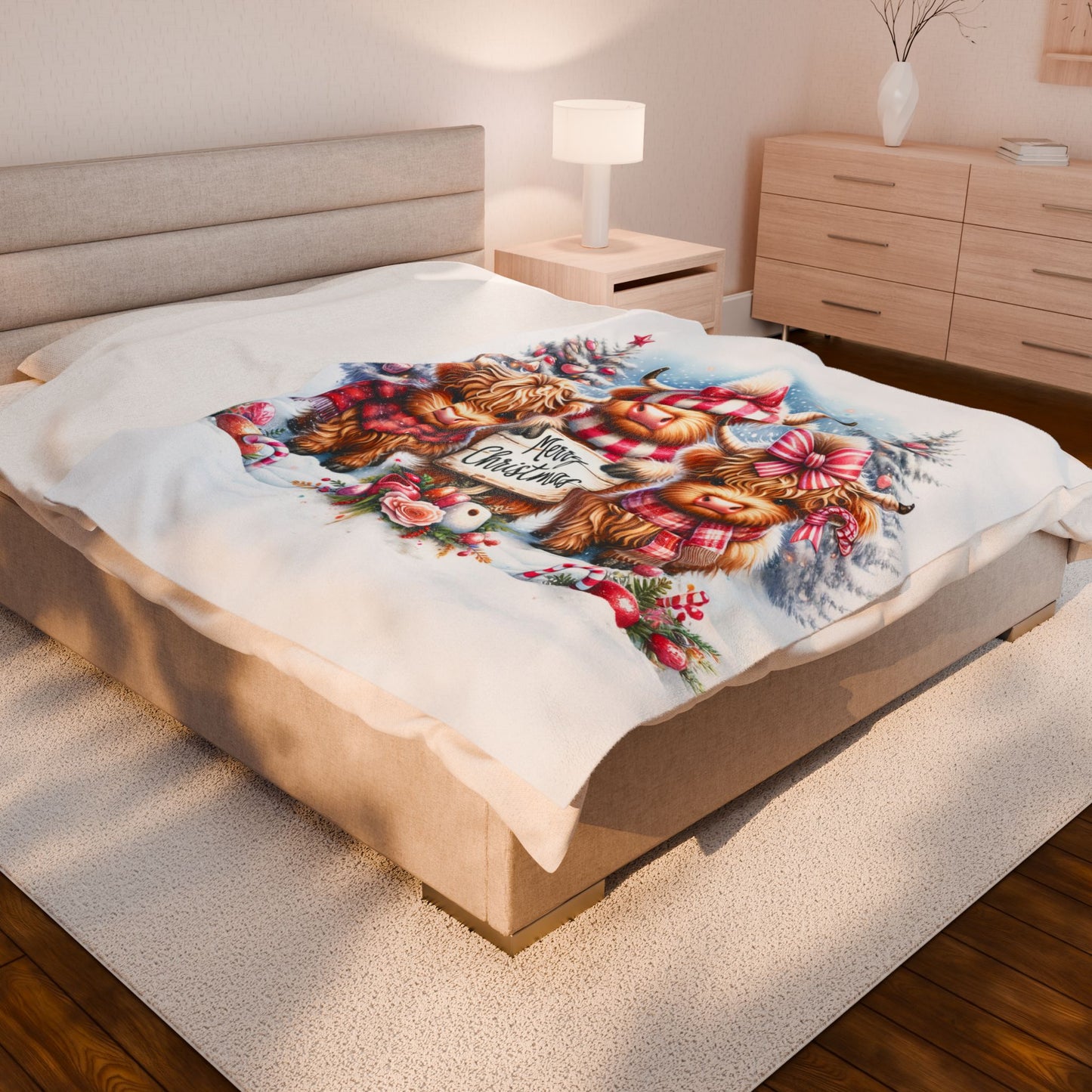 Baby Highland Cows Merry Christmas Peppermint Holiday Velveteen Plush Blanket 3 Sizes