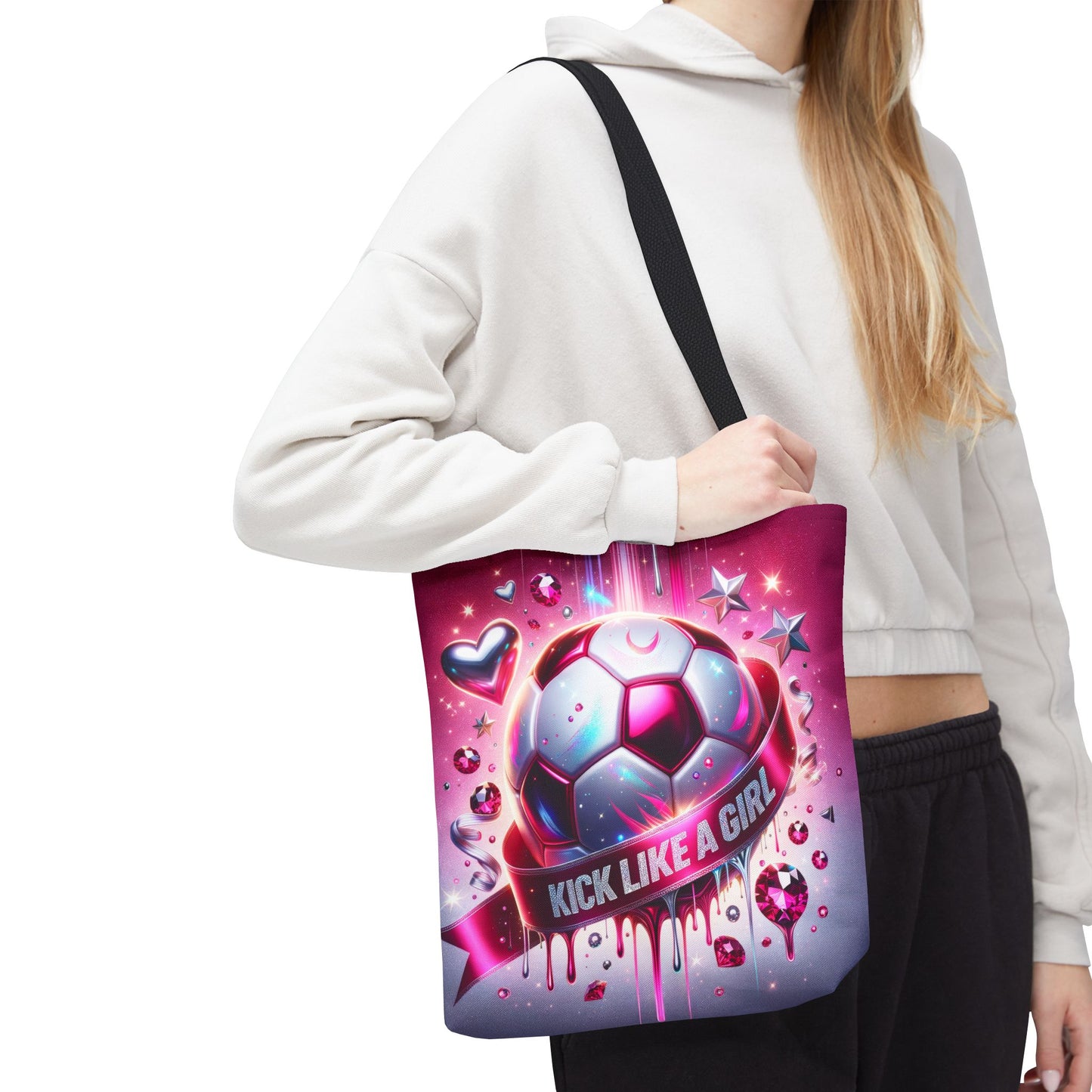 Coquette Bow "Kick Like A Girl" Glitter Glam Girls Soccer Ball Canvas Shopping Tote Bag 3 Sizes
