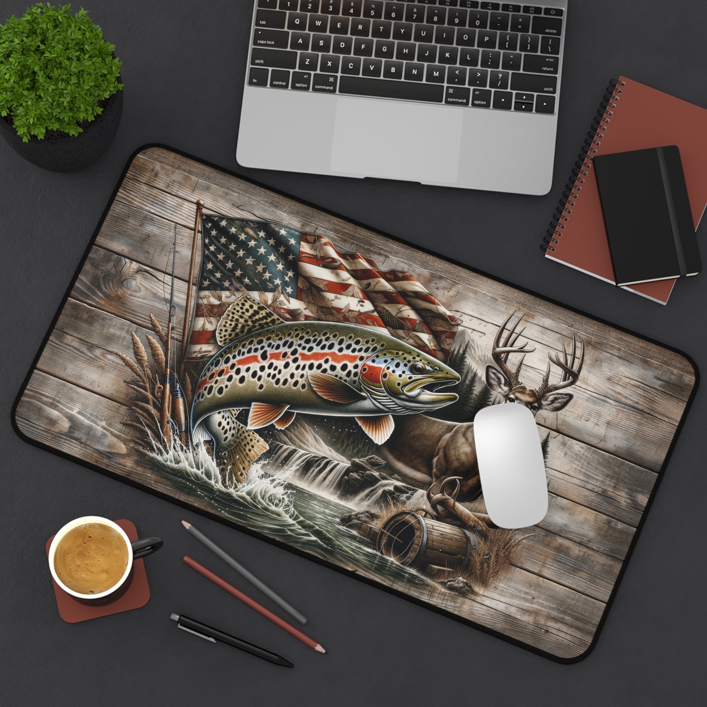 American Flag Trout Fishing Deer Camo Hunting Season Extended Gaming Mouse Pad Desk Mat - 3 Sizes