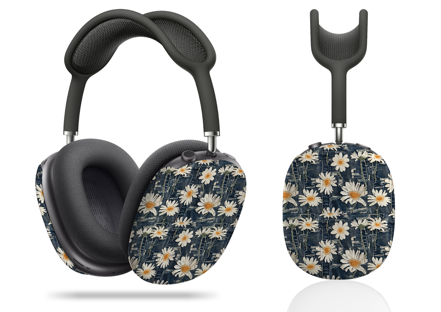 Daisy Dreams: Worn Dark Denim with White Embroidered Daisies Print AirPod Max Case Protective Covers