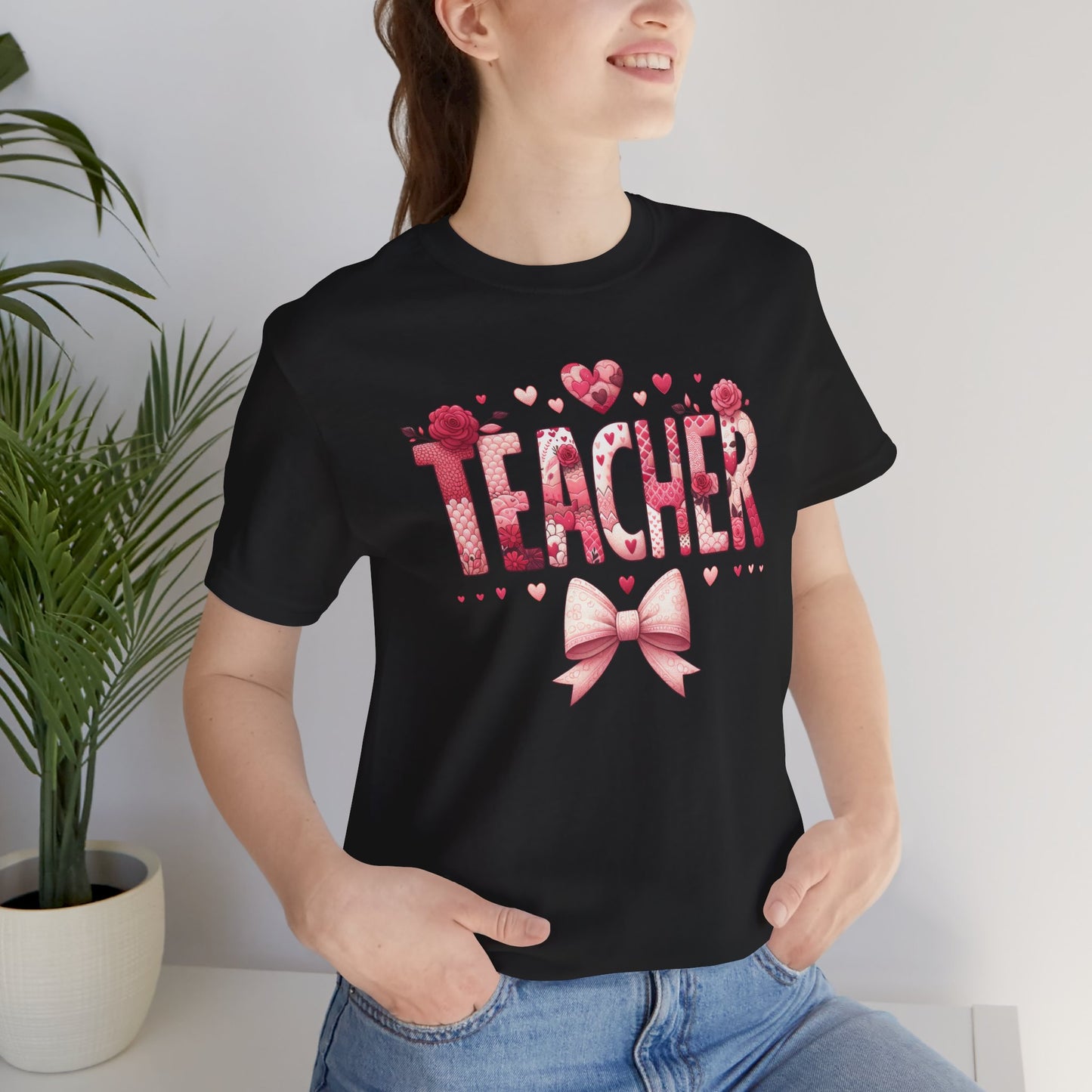 Coquette Teacher Valentines Hearts Bows Theme Print Jersey Short Sleeve T-shirt