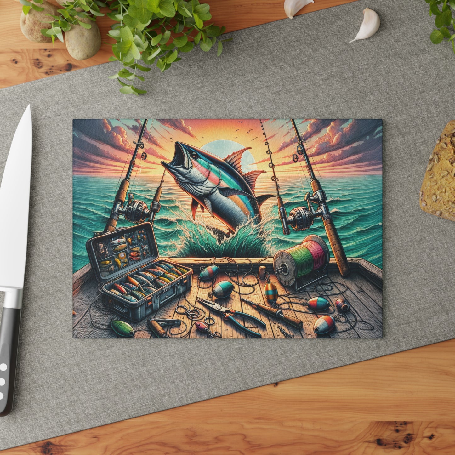 Fishing Life, Sports Fishing Glass Cutting Board, Charcuterie Serving Tray 2 Sizes