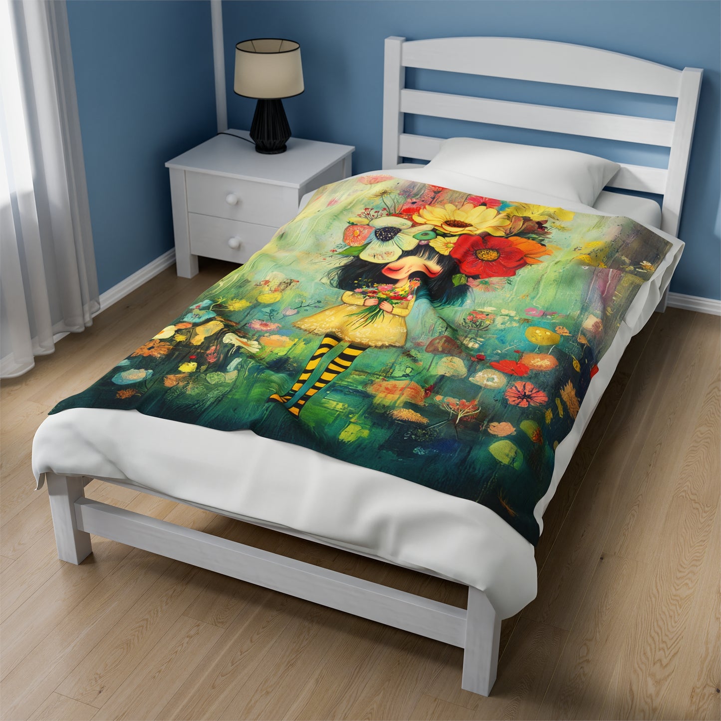Whimsical Blossom Dreamer Girl with a Crown of Flowers and Bouquet Velveteen Plush Blanket 3 Sizes