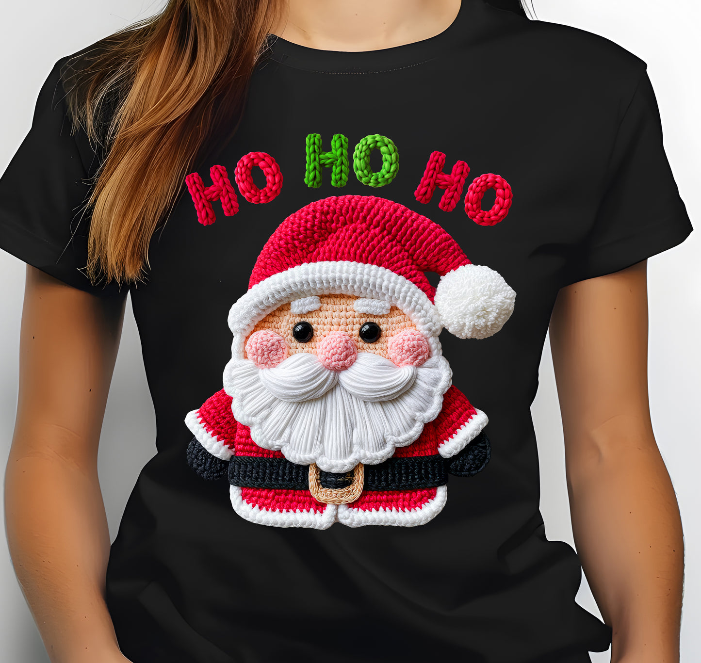 Faux Yarn Crochet Christmas Santa HO HO HO Print Jersey Short Sleeve T-shirt