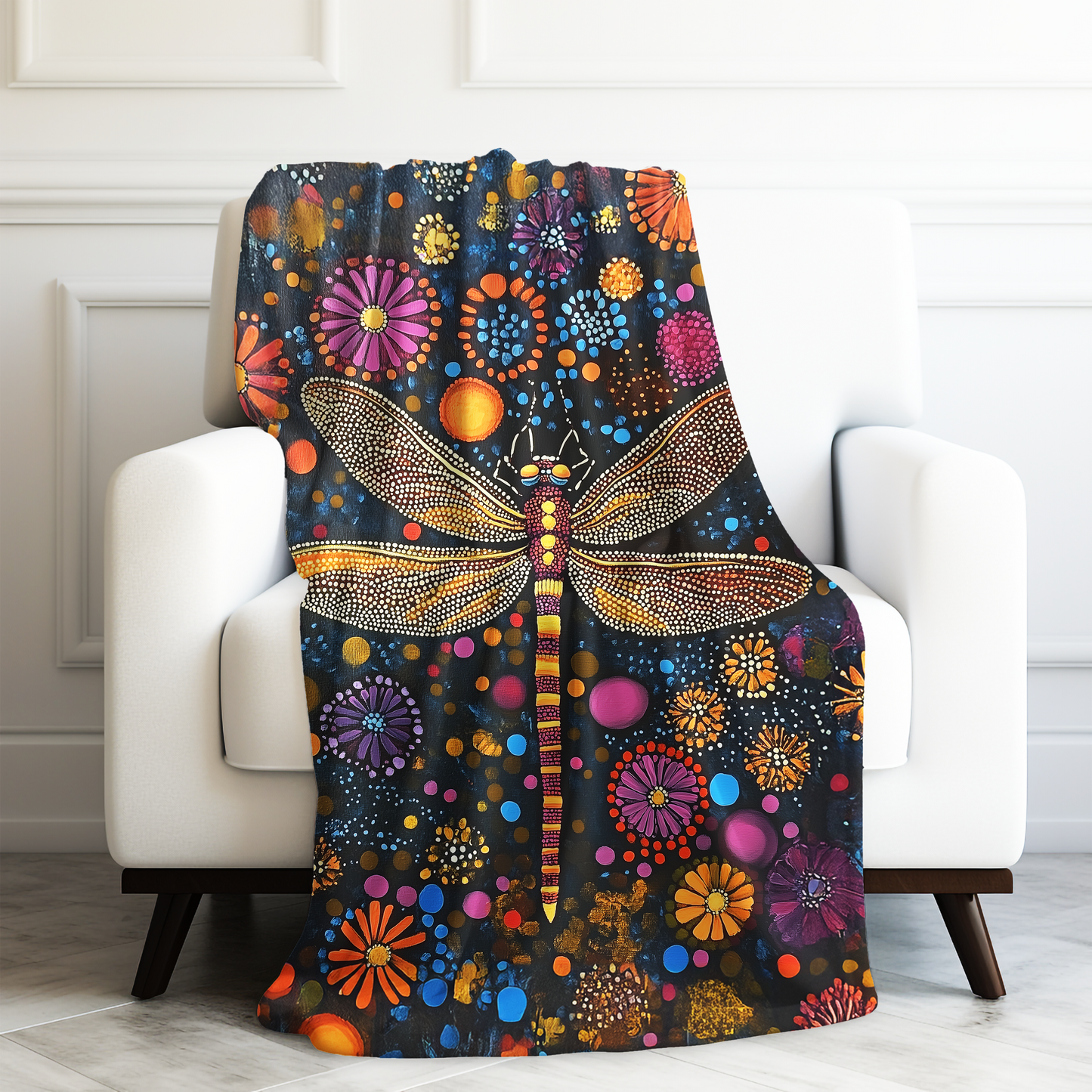 Vibrant Dragonfly Amidst a Kaleidoscope of Dot-Painted Blooms Velveteen Plush Blanket 3 Sizes