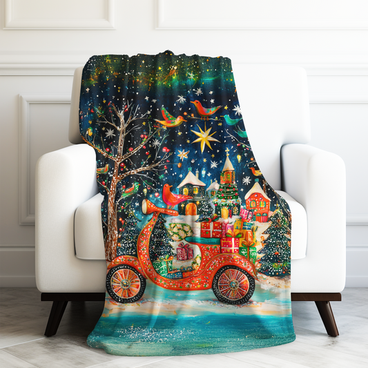 Yuletide Express Festive Scooter Filled with Gifts Velveteen Plush Blanket 3 Sizes