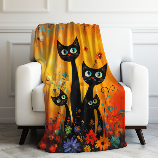 Playful Trio of Black Cats in a Vibrant Flower Garden Velveteen Plush Blanket 3 Sizes