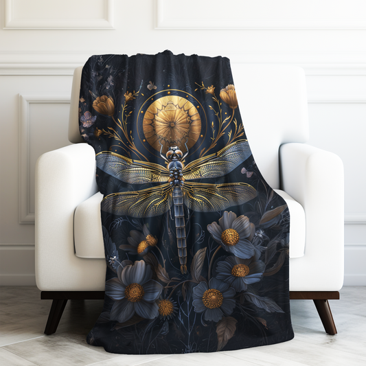 Celestial Harmony: Mystical Blue and Gold Dragonfly Amongst Glistening Blooms Velveteen Plush Blanket 3 Sizes