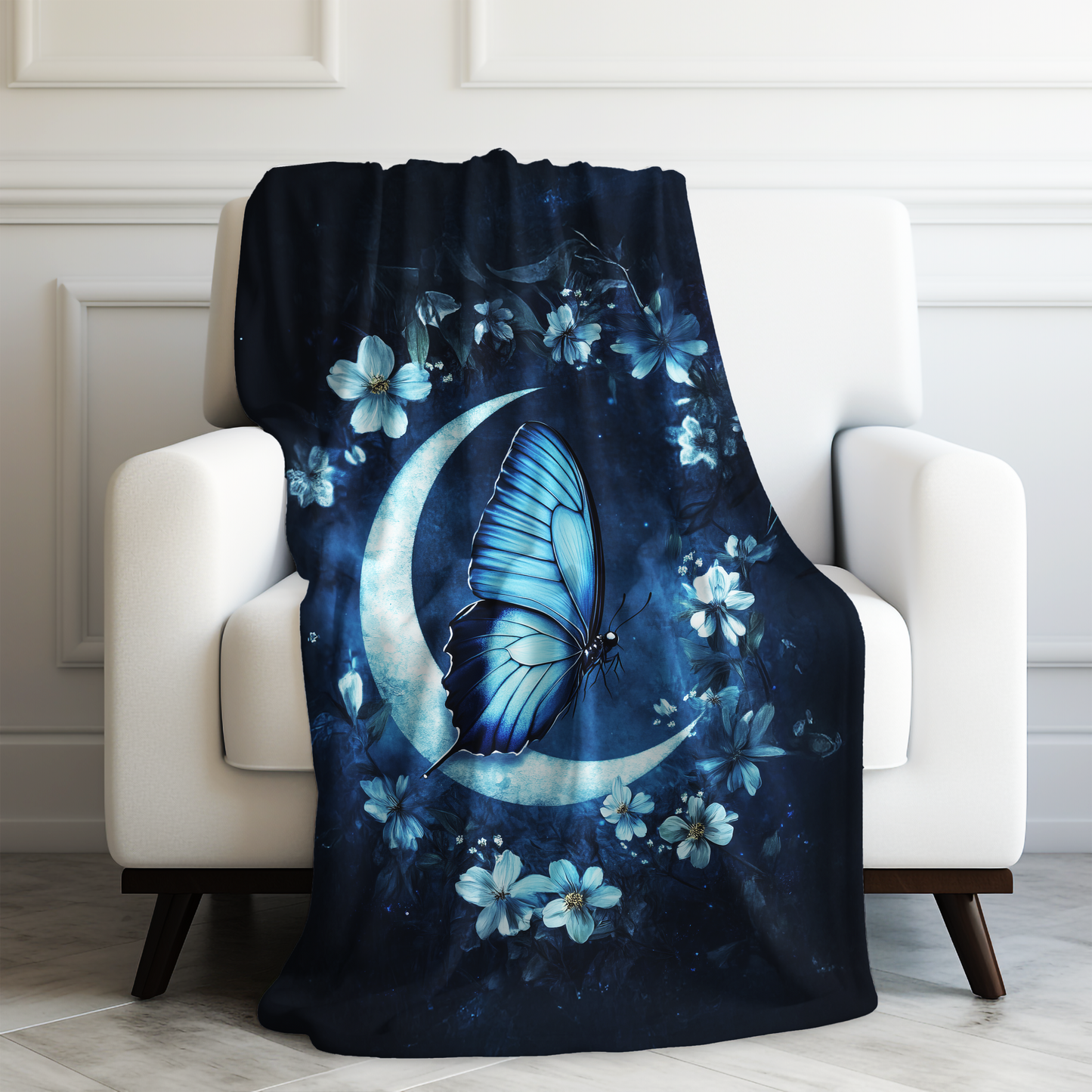 Celestial Blue Butterfly on a Crescent Moon Amidst Starlit Flowers Velveteen Plush Blanket 3 Sizes