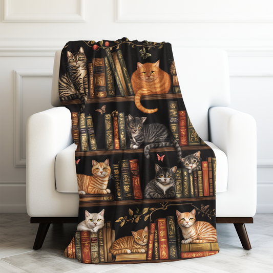 Cozy Bookshelf Cats Velveteen Plush Blanket 3 Sizes