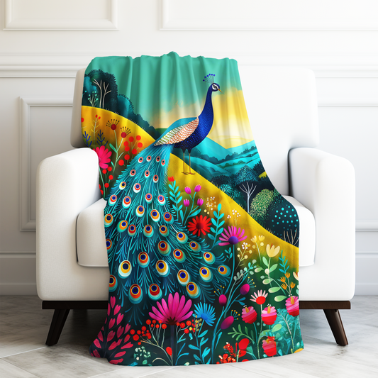 Radiant Peacock with Colorful Enchanted Garden and Sunrise Velveteen Plush Blanket 3 Sizes