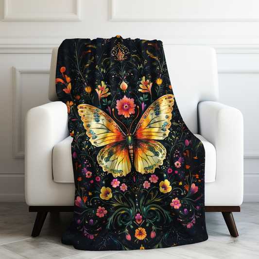 Enchanted Garden of Majestic Butterfly Amidst Midnight Blossoms Velveteen Plush Blanket 3 Sizes