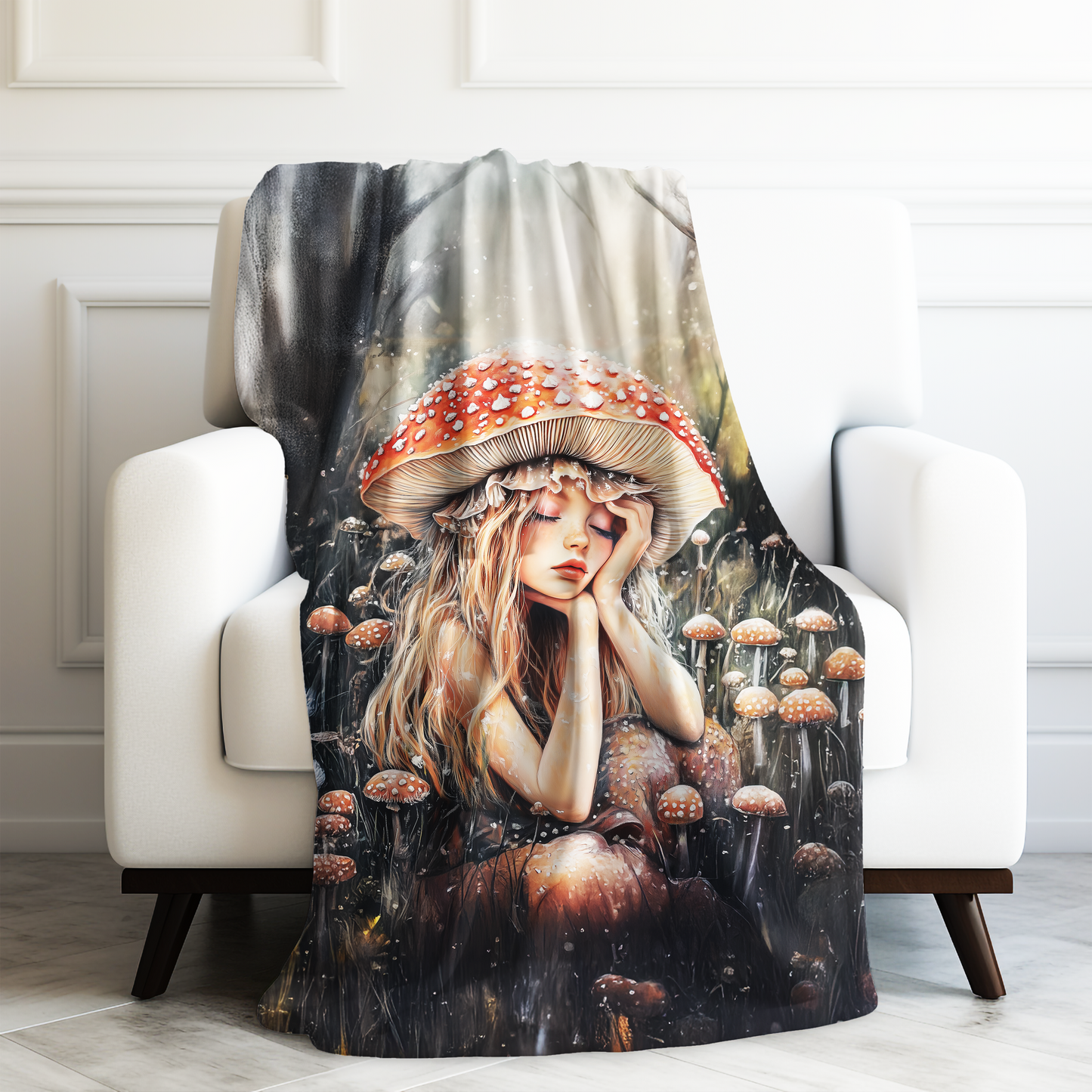 Woodland Nymph Slumbers Beneath a Mushroom's Shade Velveteen Plush Blanket 3 Sizes