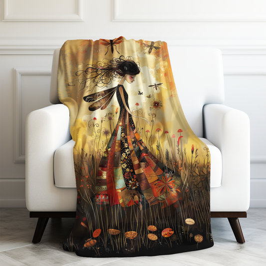 Whimsical Autumn Fairy Wanderlust Patchwork with Enchanted Meadow Scene Velveteen Plush Blanket 3 Sizes