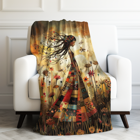 Bohemian Meadow Spirit Patchwork Fairy with Autumn Enchantment Velveteen Plush Blanket 3 Sizes