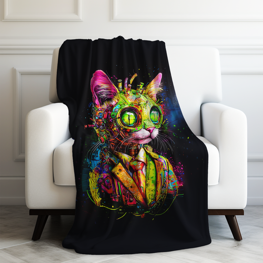 Cyber Neon Futuristic Cat in Graffiti Art Style Velveteen Plush Blanket 3 Sizes