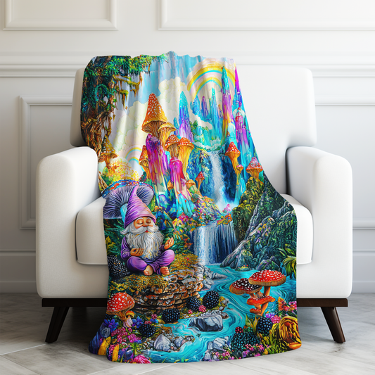 Enchanted Gnome in a Vibrant Mushroom Paradise Velveteen Plush Blanket 3 Sizes