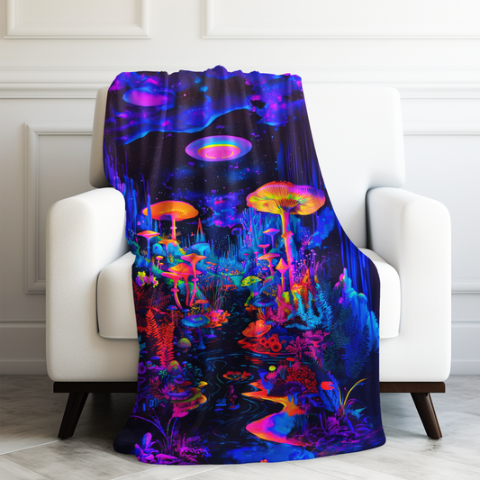 Vibrant Psychedelic Fantasy Neon Mushroom Forest Landscape Velveteen Plush Blanket 3 Sizes