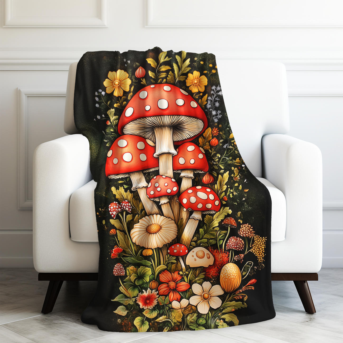 Lush Tapestry of Enchanted Forest Mushrooms Velveteen Plush Blanket 3 Sizes