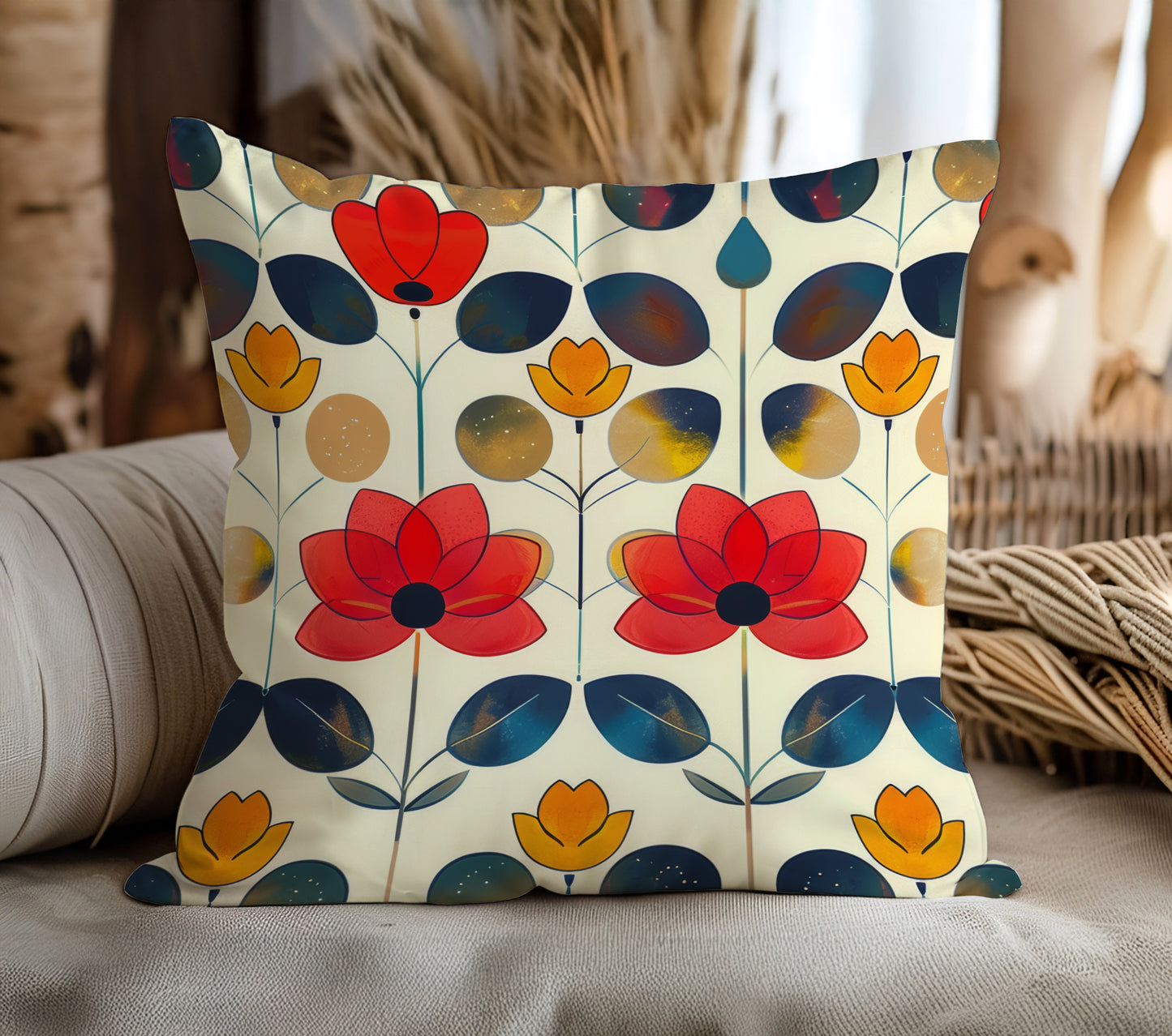 Whimsical Yellow, Red, and Blue Flower Design Spun Polyester Square Pillowcase 4 Sizes