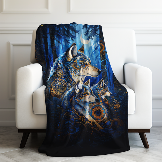 Mystic Guardians of Tribal Wolves of the Moonlit Forest Velveteen Plush Blanket 3 Sizes