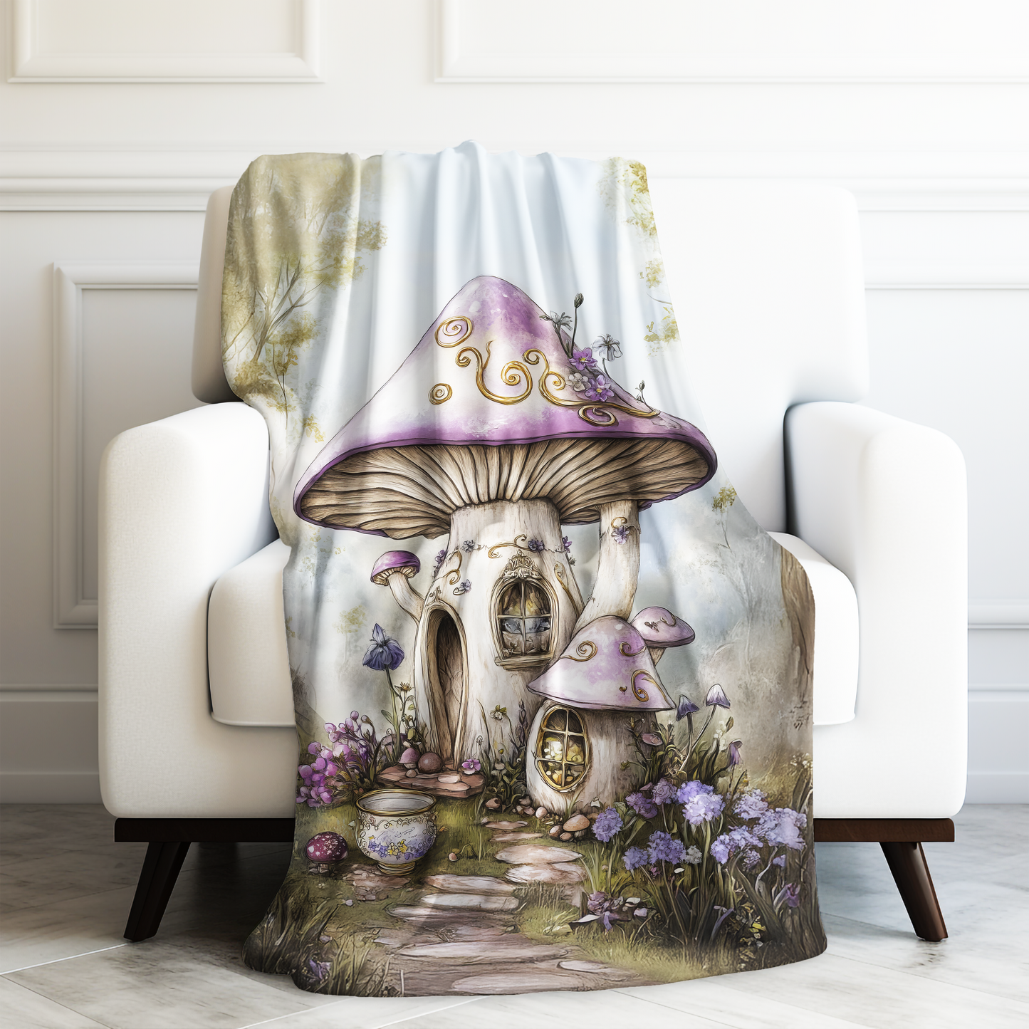 Lavender Mushroom Cottage Nestled in a Blooms of Enchantment Velveteen Plush Blanket 3 Sizes