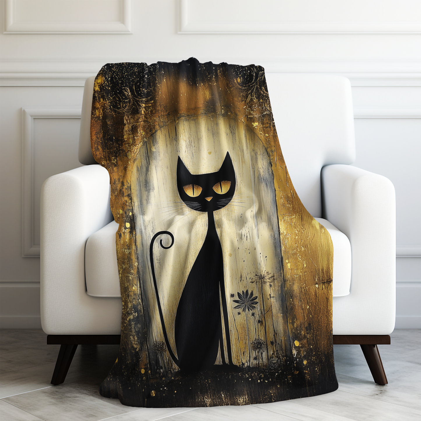 Mystique Regal Black Feline with a Golden Gaze Velveteen Plush Blanket 3 Sizes