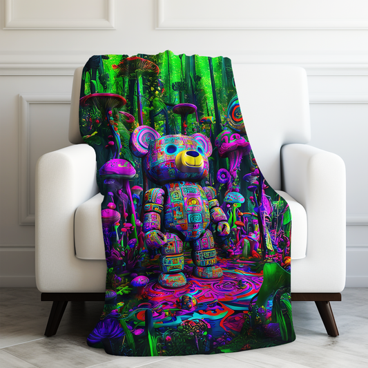 Neon Bear Guardian Adventure in a Mystical Mushroom Forest Velveteen Plush Blanket 3 Sizes