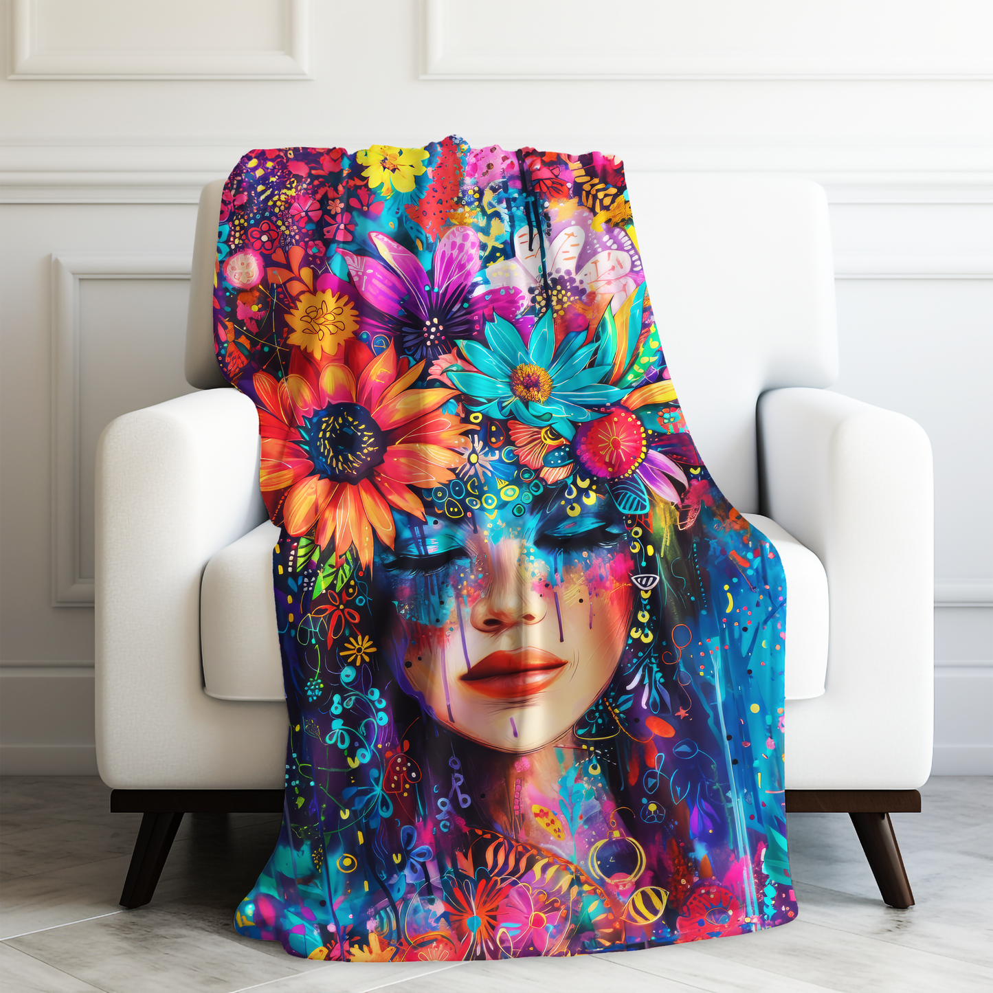 Electric Boho: Neon Flower Girl in Vibrant Hues Velveteen Plush Blanket 3 Sizes