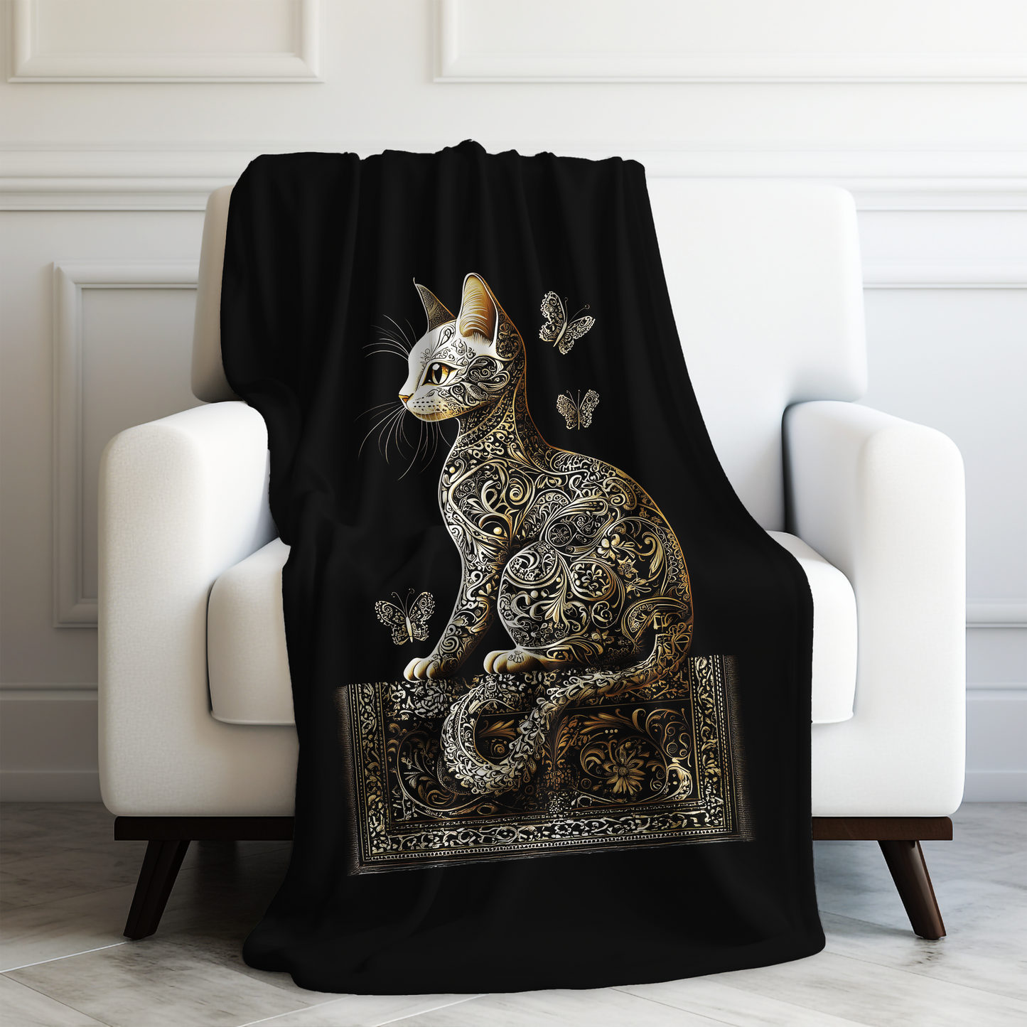 Ornate Black and Gold Paisley Cat with Fluttering Butterflies Velveteen Plush Blanket 3 Sizes