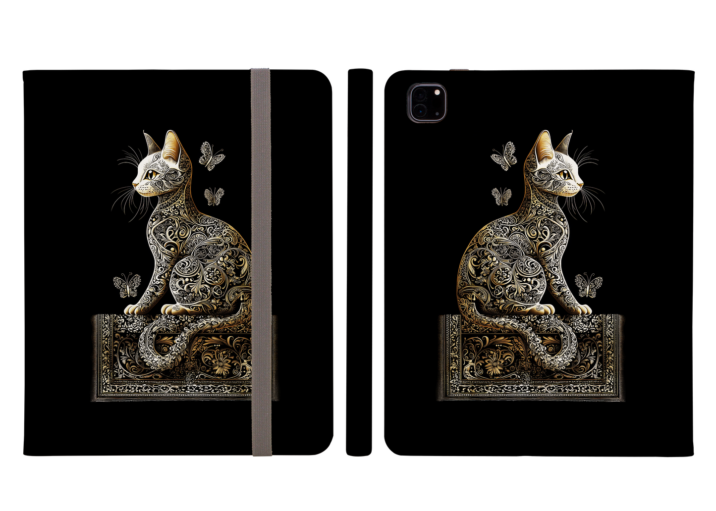 Ornate Black and Gold Paisley Cat with Fluttering Butterflies Protective iPad Pro Folio Case