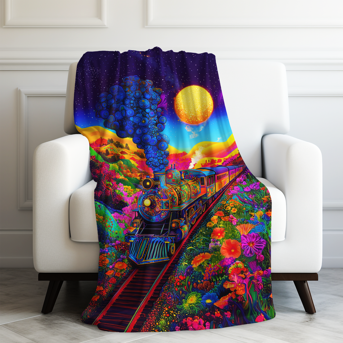 Psychedelic Voyage in Floral Express Under the Cosmic Sun Velveteen Plush Blanket 3 Sizes