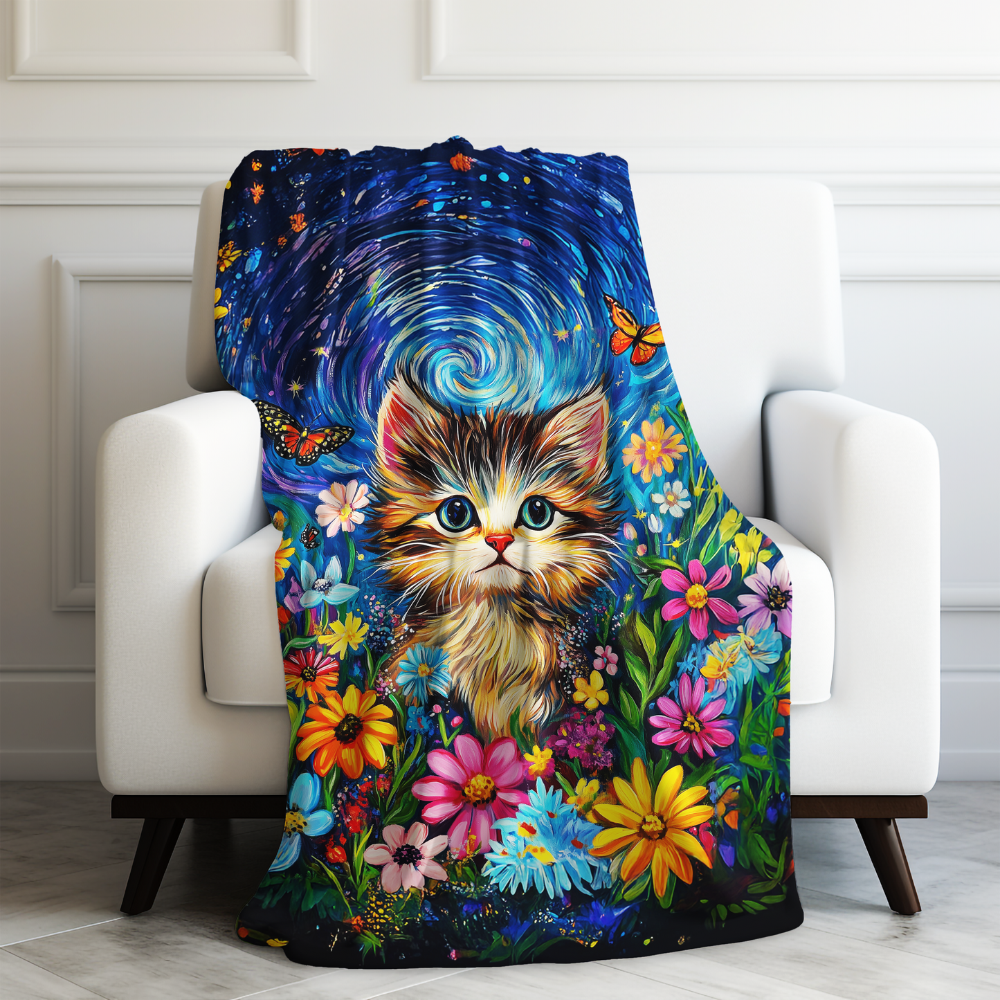 Whimsical Kitten Amidst a Van Gogh-Inspired Floral Fantasy Velveteen Plush Blanket 3 Sizes