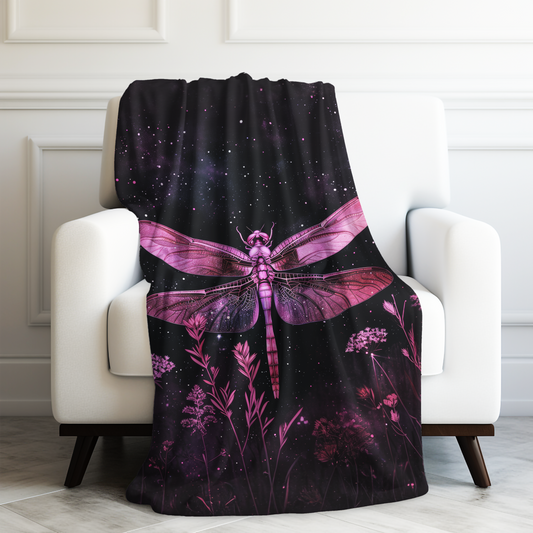 Galactic Dragonfly Dreams with Celestial Florals Velveteen Plush Blanket 3 Sizes